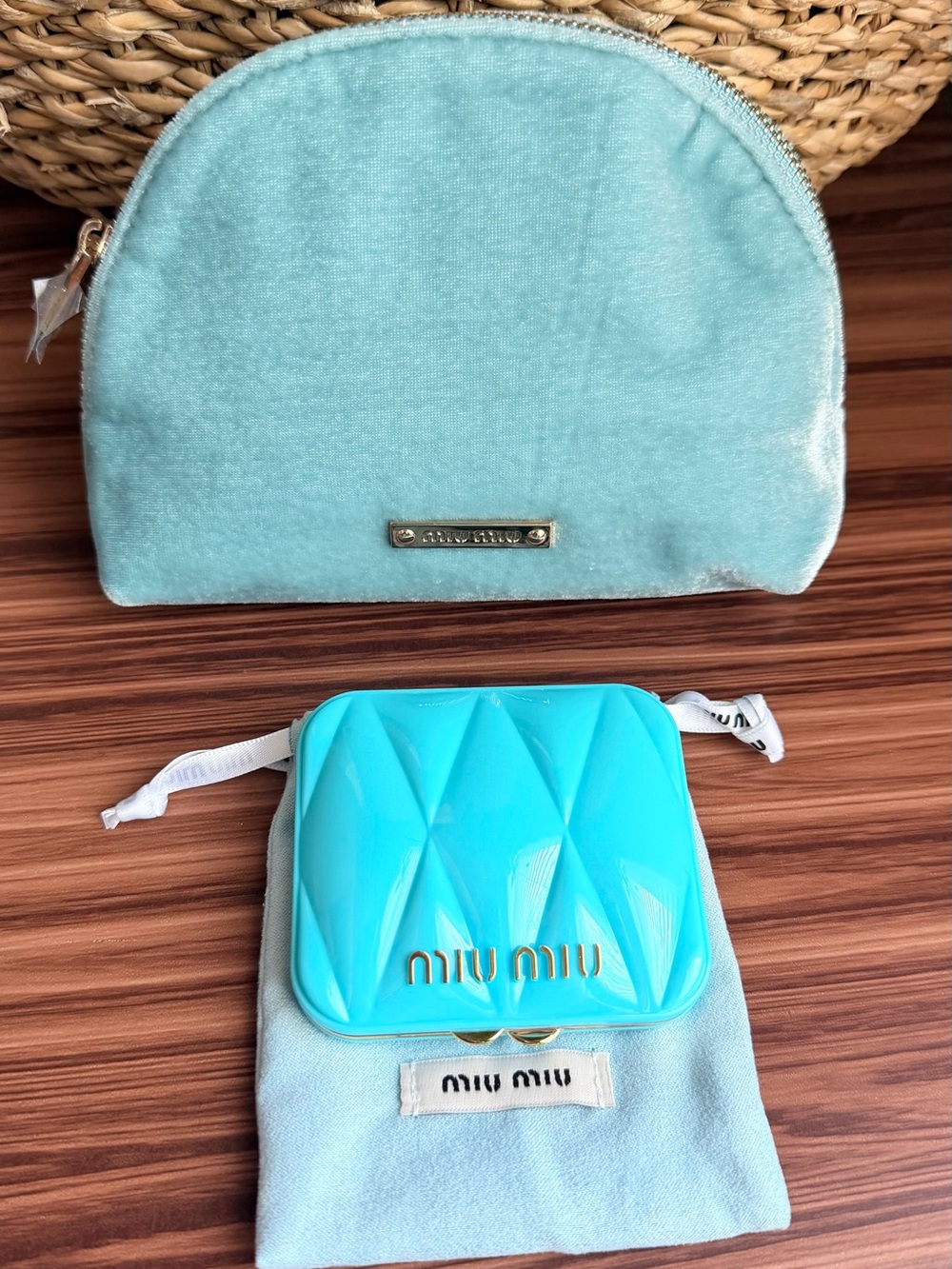 Miu Miu Turquoise Quilted Compact Mirror with Teal Velvet Pouch